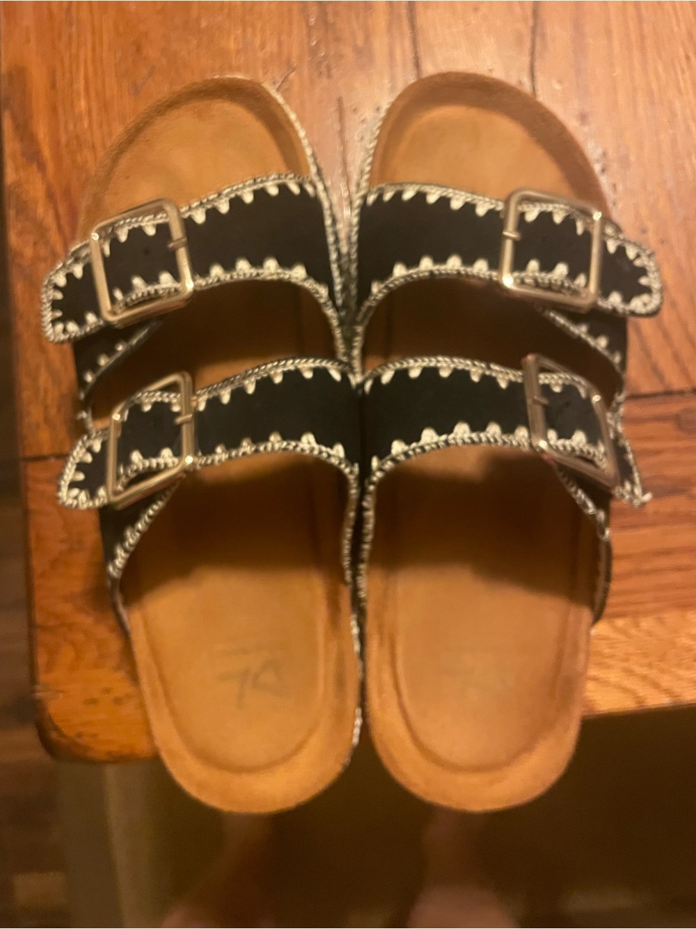 Women's Black Double-Buckle Slide Sandals with Decorative Stitching